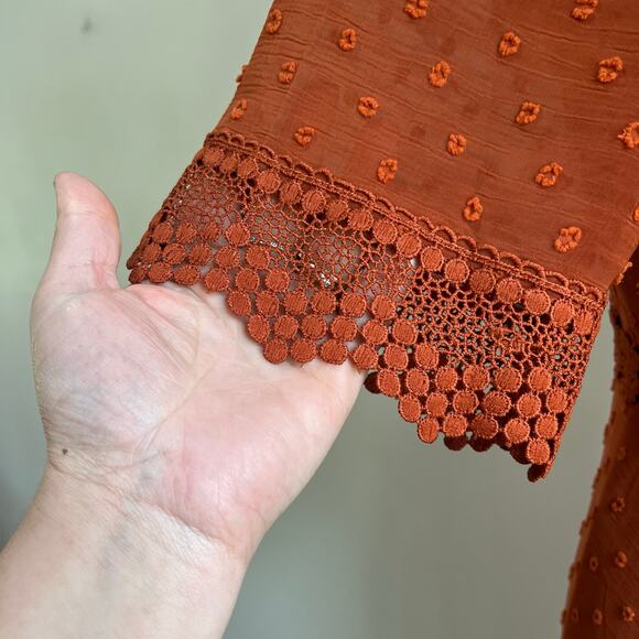 Lulus Dreaming of You Rust Orange Swiss Dot Midi Dress Size Large - Picture 5 of 10